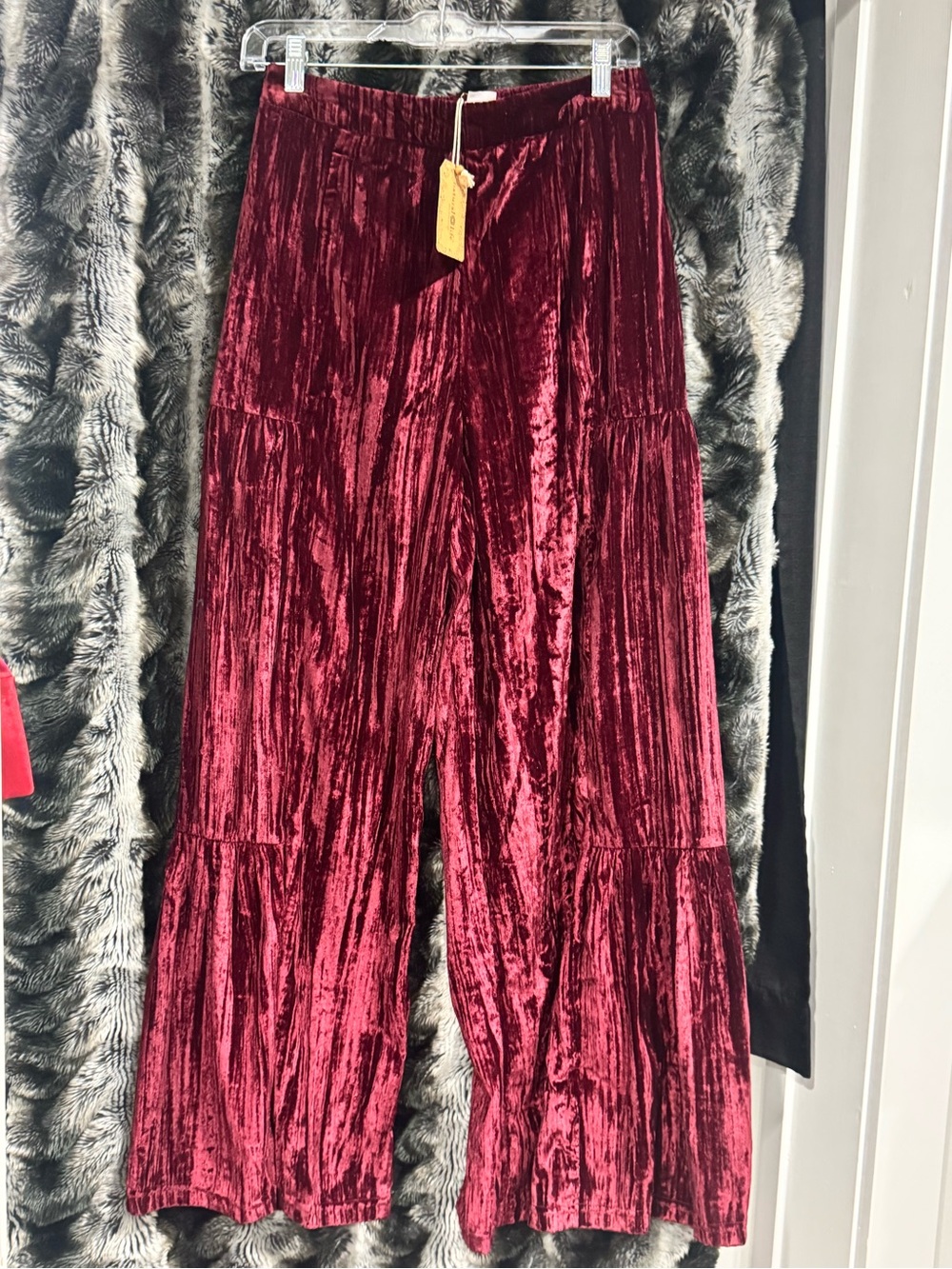 NATURAL LIFE Burgundy Velvet Wide-Leg Tiered Pants
